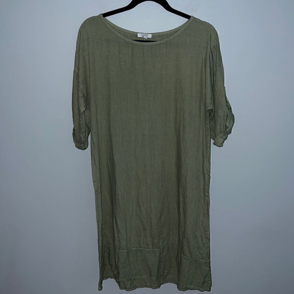 Made in Italy women size Small midi olive green  dress 100% linen Lagenlook
